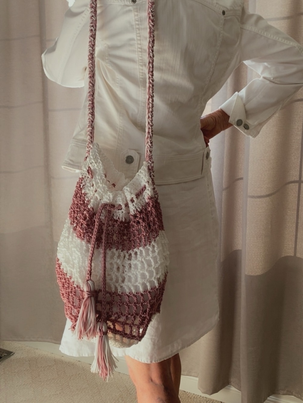 Handmade Pink and White Crochet Drawstring Shoulder Bag
